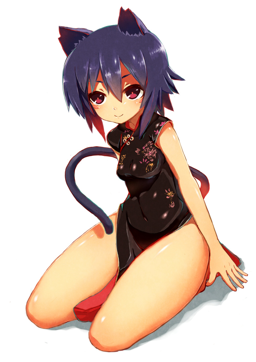 1girl absurdres animal_ears black_hair cat_ears cat_tail china_dress chinese_clothes covered_navel facial_mark hair_between_eyes highres original ruiten shiny shiny_skin side_slit simple_background sitting smile solo tail thighs violet_eyes white_background yokozuwari