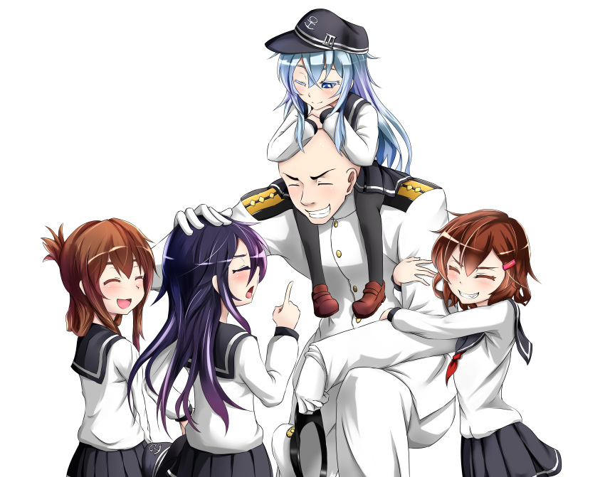 1boy 4girls absurdres admiral_(kantai_collection) akatsuki_(kantai_collection) anchor_symbol arm_hug bald black_legwear blue_eyes blush brown_hair closed_eyes flat_cap folded_ponytail gloves grin hair_ornament hairclip hand_on_another's_head hand_on_hip hat hibiki_(kantai_collection) highres ikazuchi_(kantai_collection) inazuma_(kantai_collection) kantai_collection long_hair multiple_girls one_eye_closed open_mouth piggyback purple_hair school_uniform serafuku simple_background skirt smile tachitsuki white_background white_hair