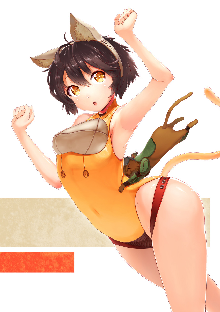 1girl absurdres ahoge animal_ears arched_back arm_up armpits bare_shoulders brown_hair cat cat_ears cat_tail covered_navel fake_animal_ears fang hair_between_eyes hairband highres hips leotard orange_eyes original paw_pose ruiten short_hair solo tail