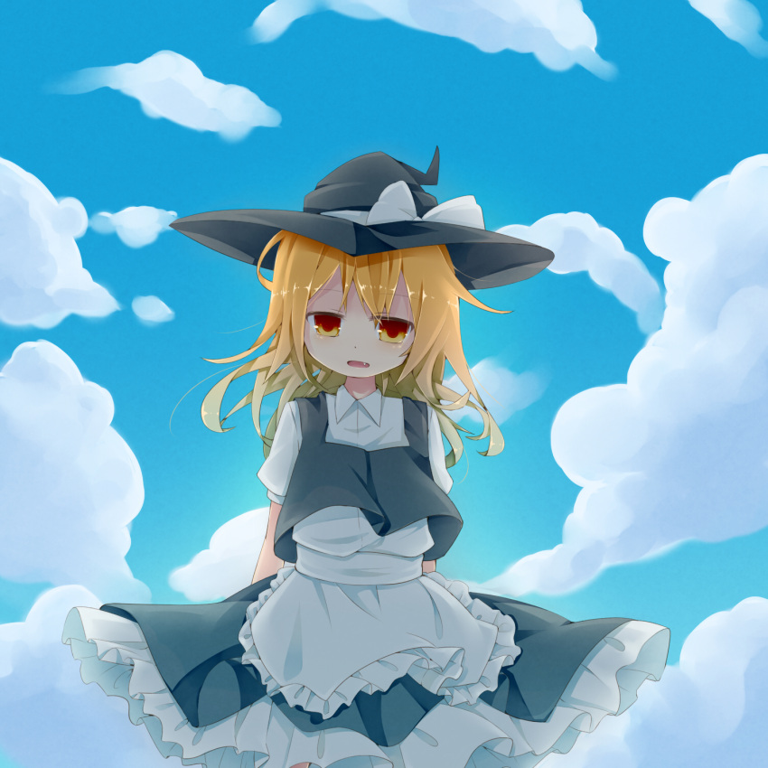 1girl apron arms_behind_back blonde_hair blue_sky clouds cowboy_shot fang frilled_apron frilled_skirt frills hat hat_ribbon head_tilt highres kirisame_marisa long_hair looking_at_viewer mare_(shiori_3021) open_mouth ribbon short_sleeves skirt skirt_set sky touhou waist_apron wind witch_hat yellow_eyes