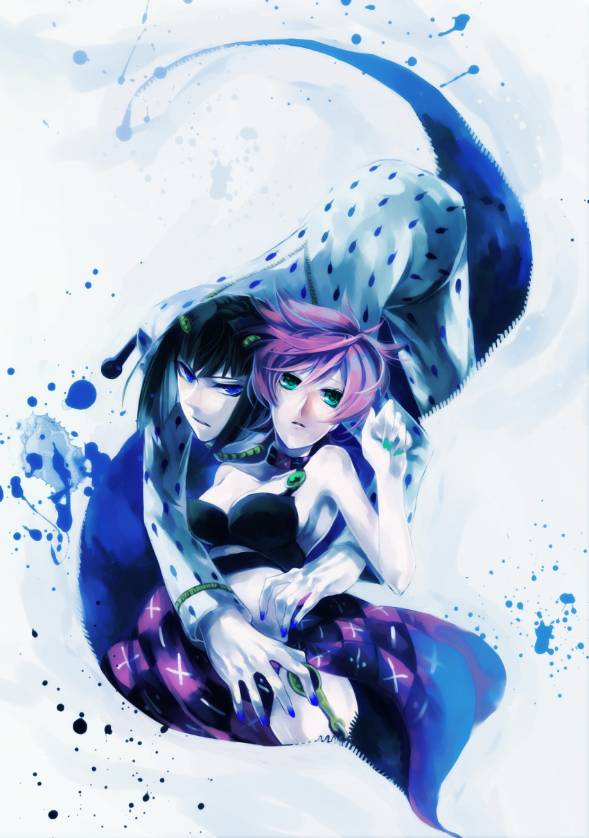 1boy 1girl black_hair blue_eyes bruno_bucciarati green_eyes highres jojo_no_kimyou_na_bouken pink_hair sel_(kagami6) short_hair trish_una