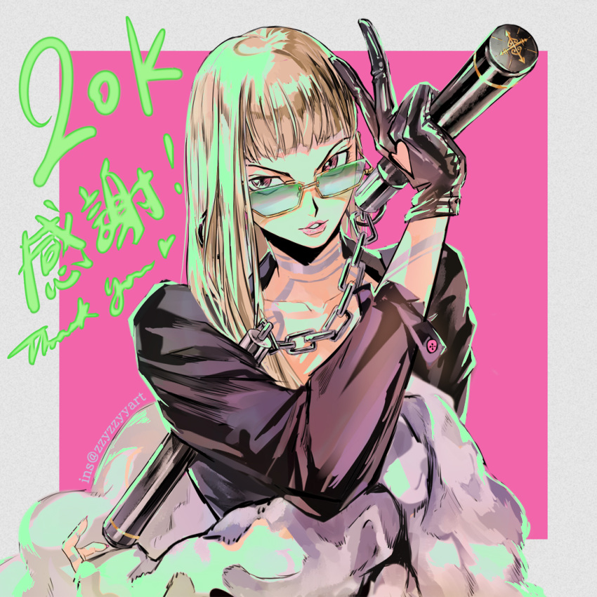 1girl bangs black_gloves black_jacket blonde_hair blunt_bangs border chain clothing_cutout collarbone commentary english_commentary english_text glasses gloves grey_border hand_up heart heart_cutout holding holding_nunchaku holding_weapon instagram_username jacket lipstick long_hair long_sleeves looking_at_viewer makeup milestone_celebration number nunchaku original parted_lips pink_background pink_lipstick red_eyes solo thank_you translation_request upper_body v weapon zzyzzyy