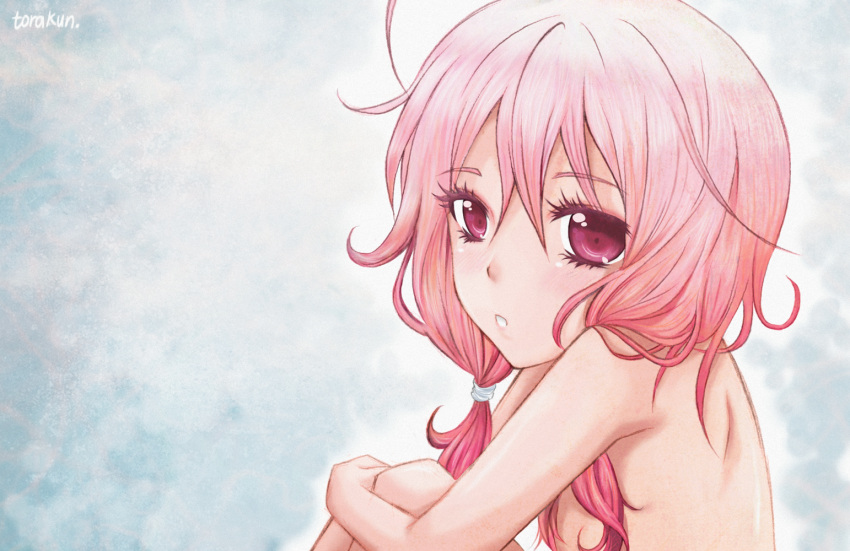 1girl breasts guilty_crown long_hair looking_at_viewer nude open_mouth pink_hair red_eyes solo torakun14 twintails yuzuriha_inori