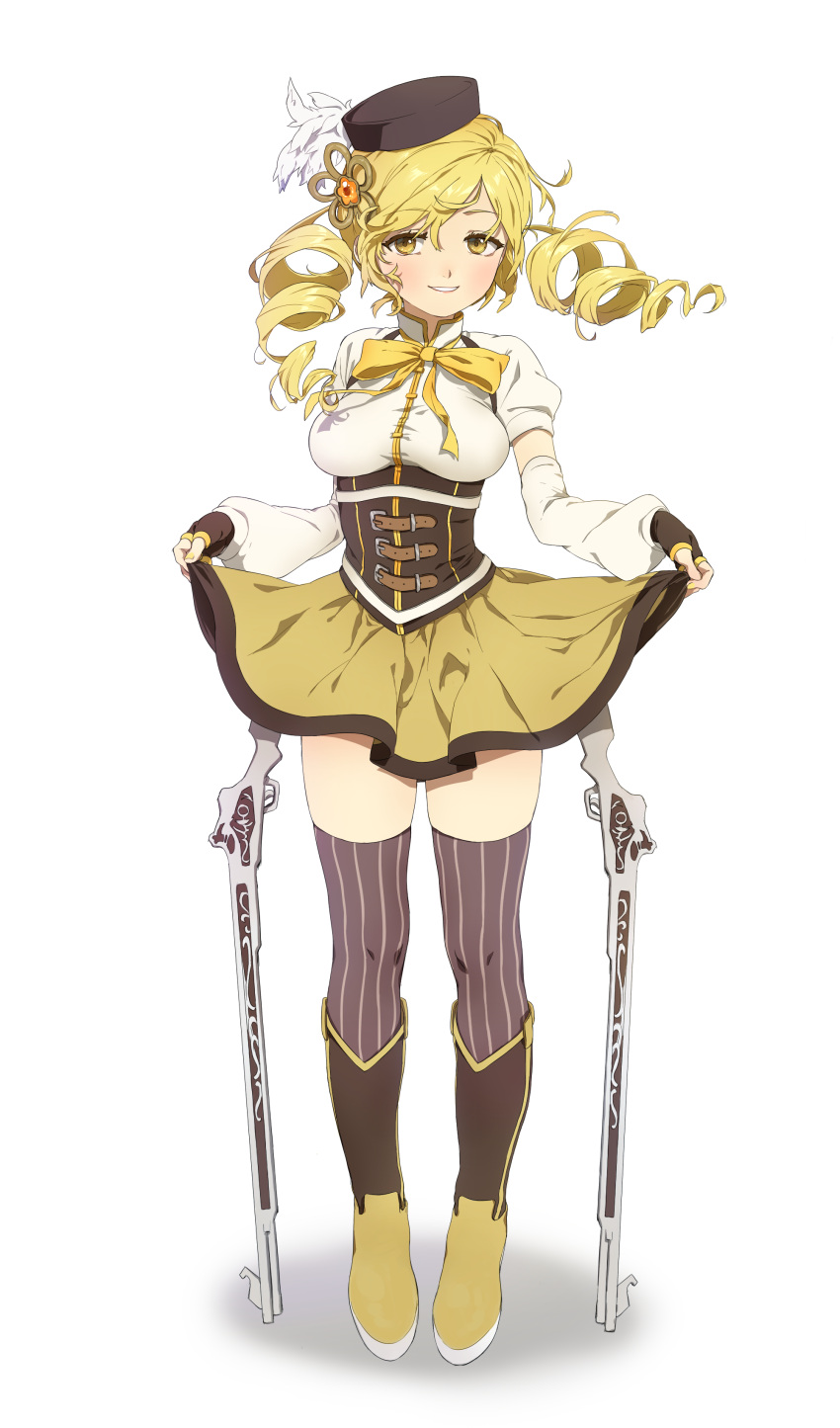 1girl absurdres beret blonde_hair boots breasts corset detached_sleeves drill_hair fingerless_gloves gloves gun hair_ornament hairpin hat highres inja large_breasts long_hair magical_girl magical_musket mahou_shoujo_madoka_magica parted_lips simple_background skirt skirt_lift solo striped striped_legwear thigh-highs tomoe_mami transparent_background twin_drills twintails vertical-striped_legwear vertical_stripes weapon yellow_eyes zettai_ryouiki