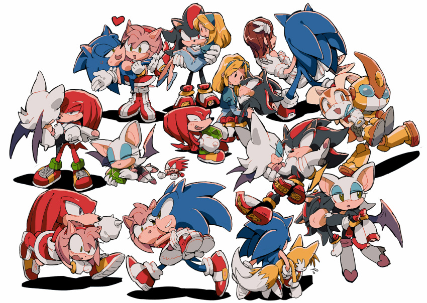 amy_rose aoki_(fumomo) bat_wings blonde_hair brown_hair carrying carrying_under_arm chaos_emerald cream_the_rabbit dress emerl gloves heart knuckles_the_echidna maria_robotnik miles_prower princess_carry princess_elise robot rouge_the_bat shadow_the_hedgehog shoes sneakers sonic sonic_the_hedgehog wings