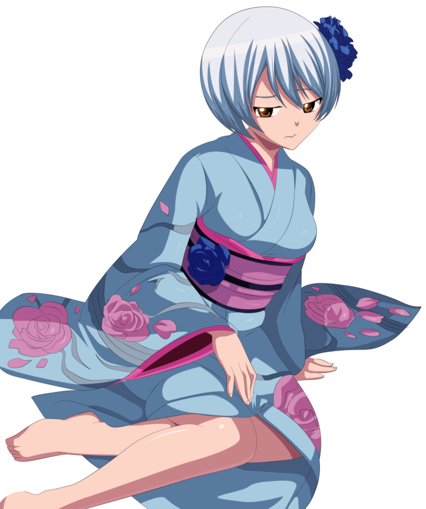 1girl barefoot breasts brown_eyes deviantart_thumbnail fairy_tail flower flower_on_head hair_ornament highres japanese_clothes kimono looking_at_viewer short_hair silver_hair sitting solo wavy_mouth yukino_aguria