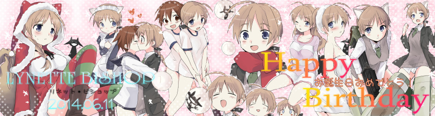 2girls absurdres ahoge animal_ears apron azumada blue_eyes blush blush_stickers boots braid brown_eyes brown_hair cat_ears chibi fangs gun gym_uniform hair_ribbon hat heart highres hug kiss lynette_bishop machine_gun maid maid_apron maid_headdress military military_uniform miyafuji_yoshika multiple_girls naked_towel one_eye_closed open_mouth panties ponytail ribbon santa_costume santa_hat scarf silhouette_demon strike_witches striker_unit striped striped_legwear sweatdrop tears thigh-highs towel underwear uniform weapon wink yuri