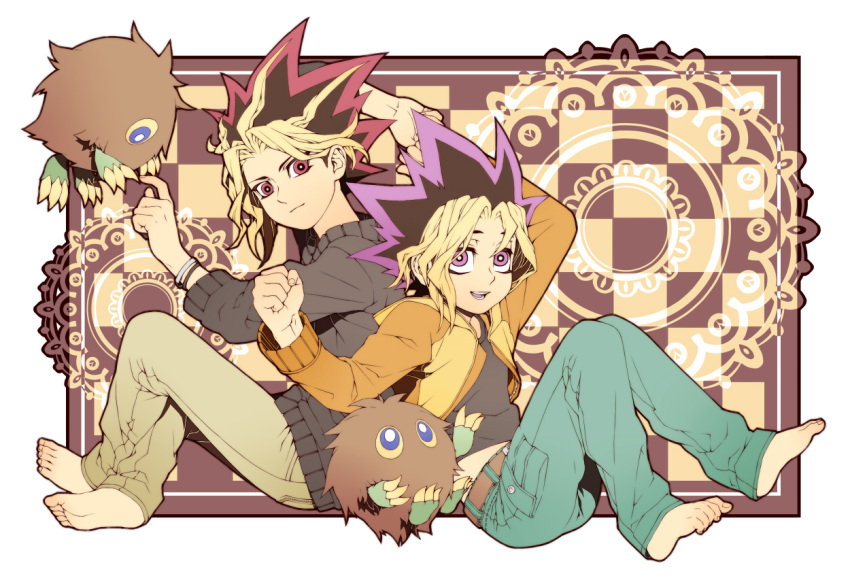 2boys barefoot blonde_hair casual checkered checkered_background chesha clenched_hand duel_monster full_body green_pants kuriboh male multicolored_hair multiple_boys mutou_yuugi out_of_frame pants pink_eyes pullover purple_hair redhead sitting spiky_hair two-tone_hair yami_yuugi yuu-gi-ou yuu-gi-ou_duel_monsters
