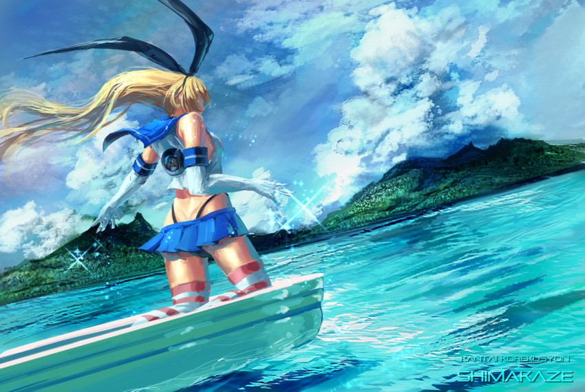 1girl aguy ass beach black_panties blonde_hair elbow_gloves from_behind gloves hairband kantai_collection long_hair panties scenery shimakaze_(kantai_collection) skirt solo striped striped_legwear thigh-highs underwear white_gloves