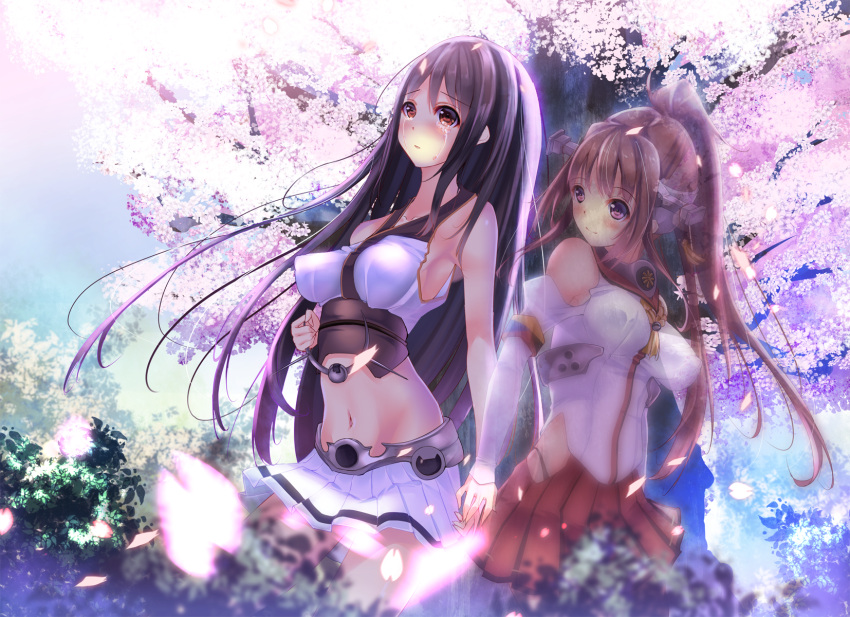 2girls bare_shoulders black_hair breasts brown_hair crying crying_with_eyes_open fukuda_shuushi ghost hairband headgear headwear_removed highres kantai_collection long_hair miniskirt multiple_girls nagato_(kantai_collection) petals ponytail red_eyes skirt smile tagme tears tree violet_eyes yamato_(kantai_collection)