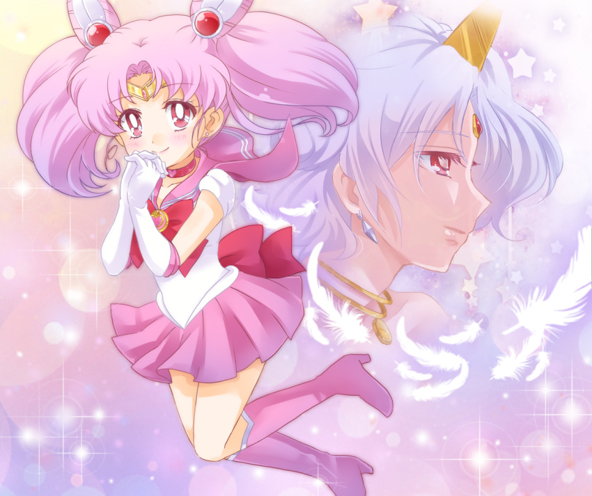 1boy 1girl albino bindi bishoujo_senshi_sailor_moon boots bow brooch chibi_usa choker double_bun earrings elbow_gloves feathers gloves gongitsune hair_ornament hairpin hands_clasped helios horn jewelry knee_boots magical_girl pink_hair red_eyes ribbon sailor_chibi_moon sailor_collar short_hair smile sparkle tiara twintails white_gloves white_hair