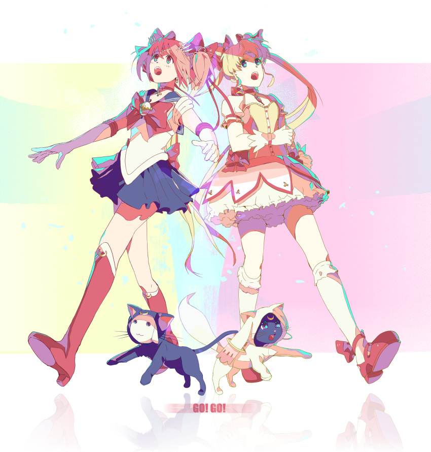 2girls absurdres animal_costume bishoujo_senshi_sailor_moon bishoujo_senshi_sailor_moon_crystal blonde_hair blue_eyes boots bow brooch choker cosplay costume_switch crossover double_bun dress gloves hair_ornament hair_ribbon highres jewelry kaname_madoka kaname_madoka_(cosplay) kneehighs kyubey kyubey_(cosplay) luna_(sailor_moon) luna_(sailor_moon)_(cosplay) magical_girl mahou_shoujo_madoka_magica miniskirt multiple_girls open_mouth pink_dress pink_eyes pink_hair puffy_short_sleeves puffy_sleeves ribbon sailor_moon sailor_moon_(cosplay) sailor_senshi_(cosplay) short_sleeves skirt tiara tsukino_usagi twintails xenos