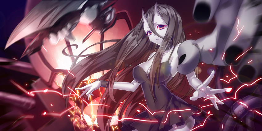 1girl battleship-symbiotic_hime black_hair breasts cleavage glowing horns kantai_collection long_hair oni_horns pale_skin personification red_eyes shinkaisei-kan sougishi_ego