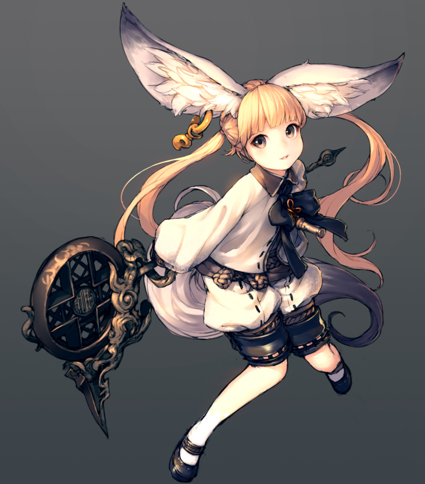 1girl animal_ears blade_&amp;_soul blonde_hair highres jewelry junwool long_hair looking_at_viewer simple_background single_earring smile solo tail twintails weapon