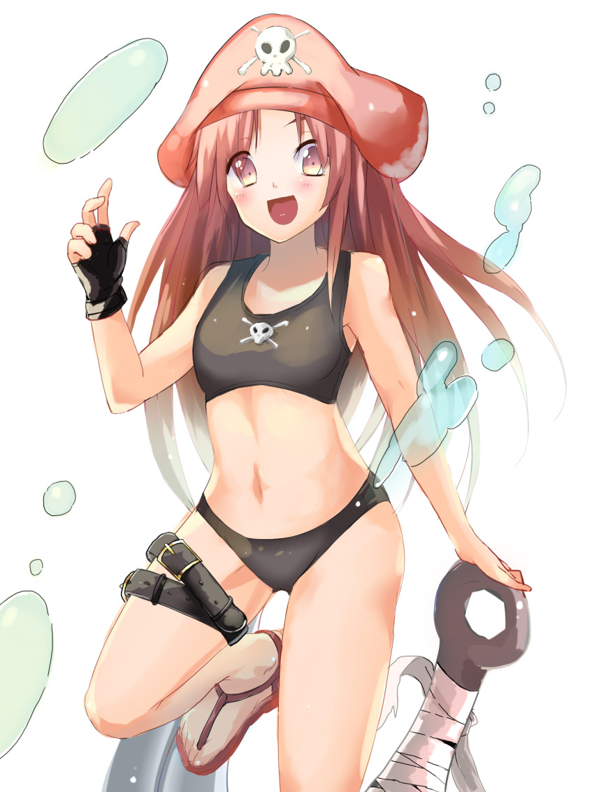 1girl anchor blush brown_eyes brown_hair fingerless_gloves gloves guilty_gear hachimitsu_(honey_xxxx) hat highres may_(guilty_gear) midriff navel open_mouth pirate_hat sandals skull_and_crossbones small_breasts solo swimsuit tankini thigh_strap
