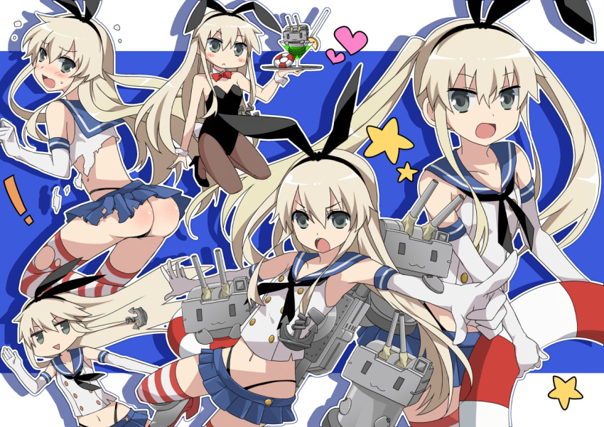 ! 1girl alternate_costume alternate_hairstyle anchor animal_ears black_panties blonde_hair bunny_girl bunnysuit clone cocktail elbow_gloves gloves hair_ornament hairband heart innertube kantai_collection long_hair looking_at_viewer panties pantyhose rabbit_ears rensouhou-chan shimakaze_(kantai_collection) star striped striped_legwear tamaoka_kagari thigh-highs torn_clothes twintails underwear