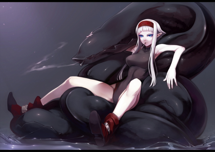 1girl blonde_hair blue_eyes boots breasts hairband highres leotard monster mouth_hold payot pixiv_fantasia pixiv_fantasia_fallen_kings pointy_ears sitting solo tsuki_tokage