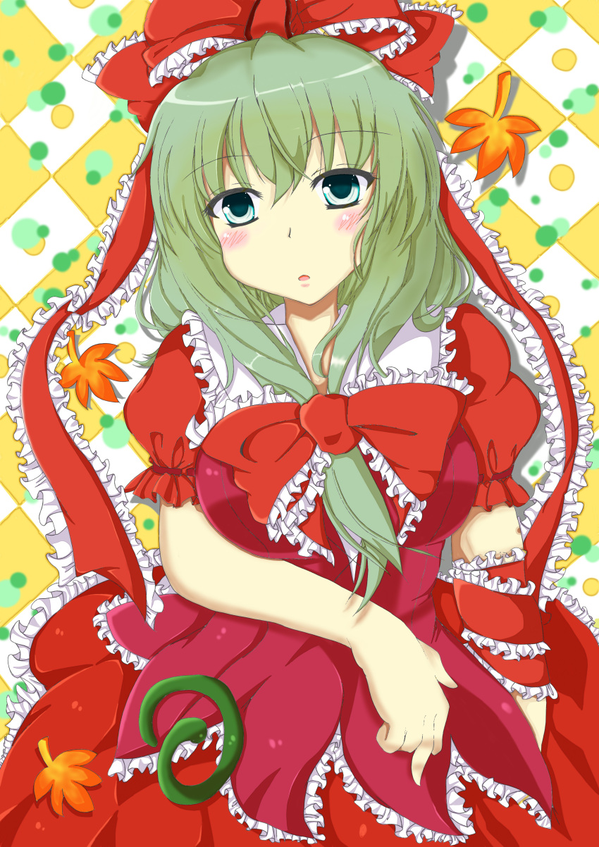 1girl absurdres arm_behind_back arm_ribbon blush bow breasts checkered checkered_background front_ponytail green_eyes green_hair hair_bow hair_ribbon head_tilt highres kagiyama_hina layered_dress leaf long_hair looking_at_viewer maple_leaf middle_finger parted_lips puffy_short_sleeves puffy_sleeves ribbon sayo_(mugen_kouen-kan) short_sleeves solo touhou