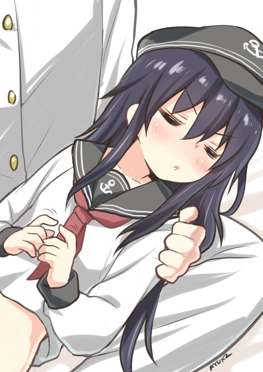 1boy 1girl absurdres admiral_(kantai_collection) akatsuki_(kantai_collection) anchor_symbol black_hair blush bottomless closed_eyes flat_cap hands_together hat highres kantai_collection long_hair on_lap ryuki_(ryukisukune) school_uniform serafuku