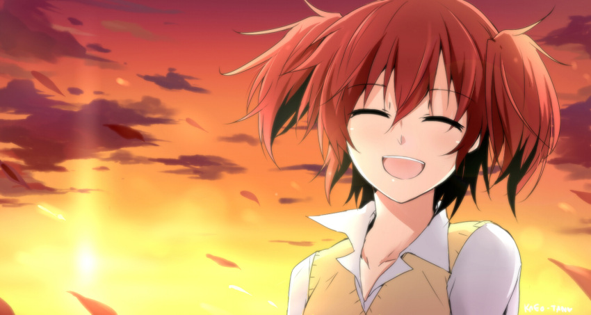 1girl akuma_no_riddle closed_eyes kago-tan open_mouth redhead school_uniform short_hair smile solo sunset twintails