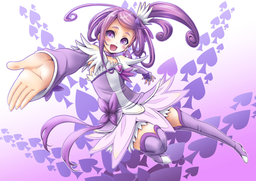 1girl :d arm_warmers asymmetrical_hair boots bow choker cure_sword curly_hair dokidoki!_precure earrings hair_ornament jewelry kangakuraku12 kenzaki_makoto magical_girl open_mouth outstretched_hand precure purple purple_hair purple_legwear purple_skirt ribbon short_hair side_ponytail skirt smile solo spade spade_hair_ornament thigh-highs thigh_boots violet_eyes
