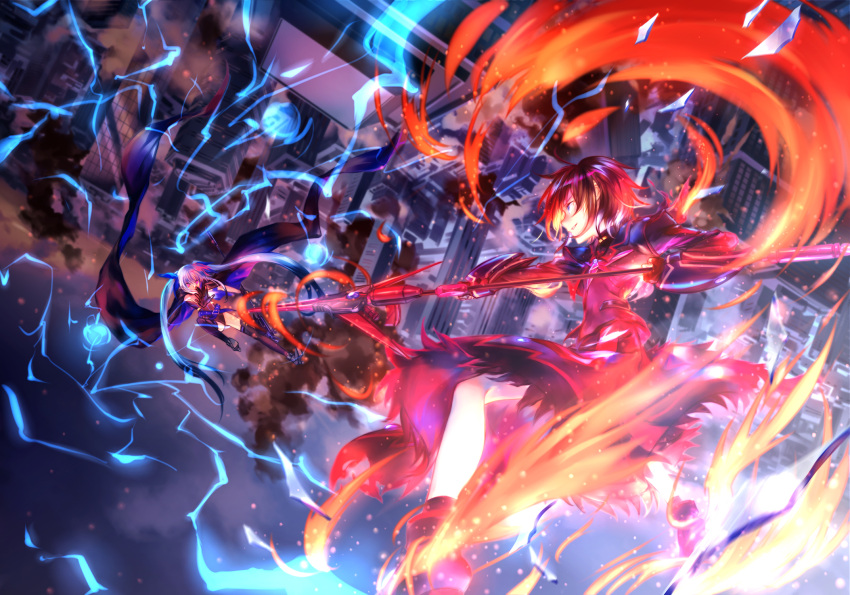 2girls azmodan battle building building_block cape fate_testarossa fire highres holding long_hair luciferion lyrical_nanoha mahou_shoujo_lyrical_nanoha mahou_shoujo_lyrical_nanoha_a's mahou_shoujo_lyrical_nanoha_a's_portable:_the_battle_of_aces material-s multiple_girls parted_lips skyscraper smile smoke tagme twintails weapon
