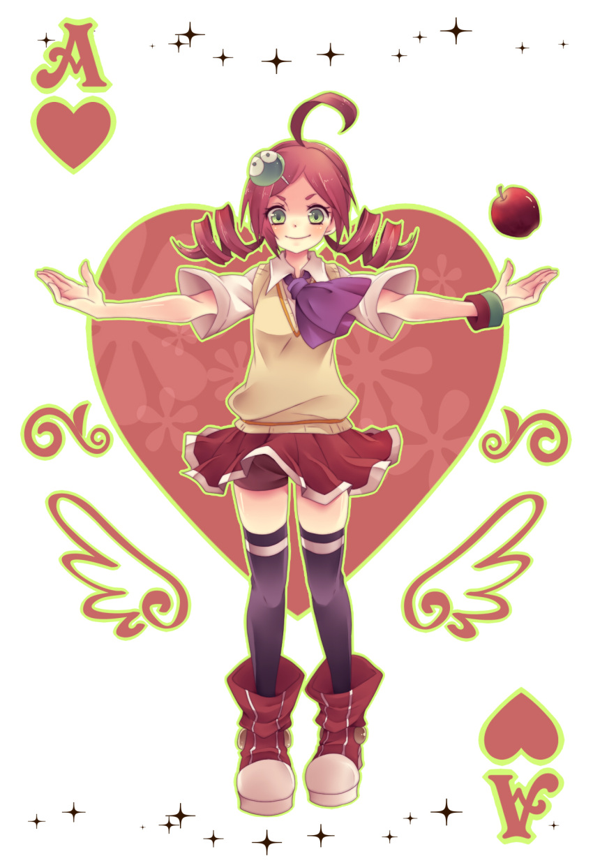 1girl ace ahoge andou_ringo apple black_legwear boooo-im card character_hair_ornament drill_hair food fruit green_eyes hair_ornament heart highres object_namesake outstretched_arms playing_card puyo_(puyopuyo) puyopuyo puyopuyo_7 red_skirt redhead shoes short_hair shorts shorts_under_skirt skirt smile solo spread_arms standing sweater_vest thigh-highs twin_drills twintails