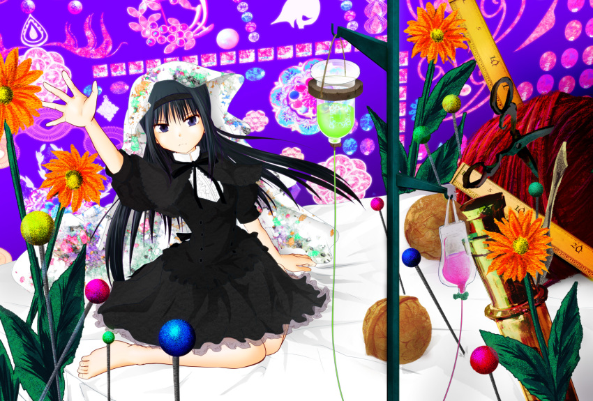 1girl akemi_homura barefoot bed black_hair blanket dress flower funeral_dress hairband highres intravenous_drip long_hair looking_at_viewer mahou_shoujo_madoka_magica mahou_shoujo_madoka_magica_movie needle nut_(food) outstretched_arm ruler sitting solo spoilers syringe violet_eyes witch's_labyrinth zumikuni