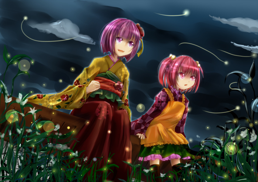 2girls apron bench boots checkered clenched_hand clouds cloudy_sky dutch_angle facing_away fireflies floral_print flower from_below grass hair_bobbles hair_flower hair_ornament hieda_no_akyuu highres japanese_clothes kimono light_trail motoori_kosuzu multiple_girls night obi open_mouth outdoors purple_hair red_eyes redhead rikkunia sash short_hair sitting sky touhou twintails violet_eyes