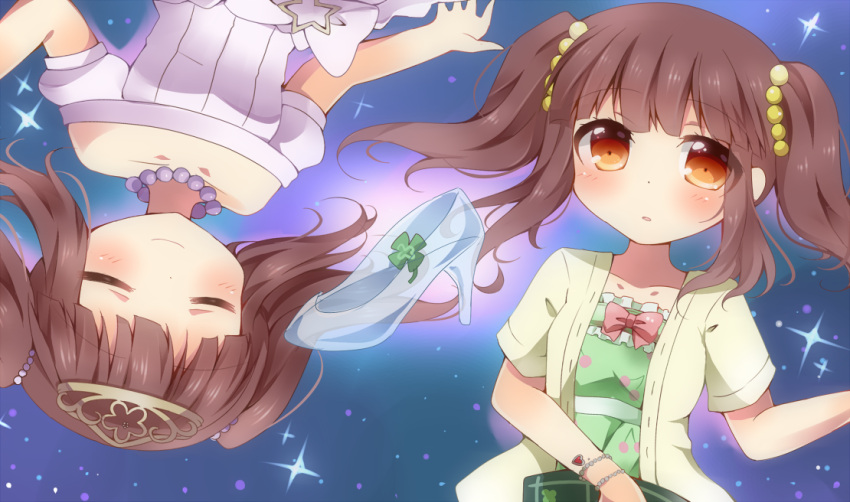 bare_shoulders bow bracelet brown_eyes brown_hair closed_eyes clover commentary_request dress four-leaf_clover glass_slipper hair_ornament idolmaster idolmaster_cinderella_girls jewelry kawaguchi necklace ogata_chieri tagme twintails