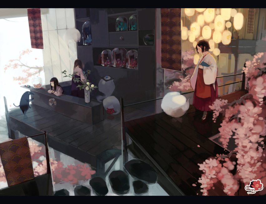 3girls apron architecture black_hair brown_hair carrying counter east_asian_architecture flower glass hair_flower hair_ornament hakama indoors japanese_clothes leaning letterboxed long_hair multiple_girls original plant pond short_hair silhouette smile vase wakatsuki_(etoiles) wooden_floor