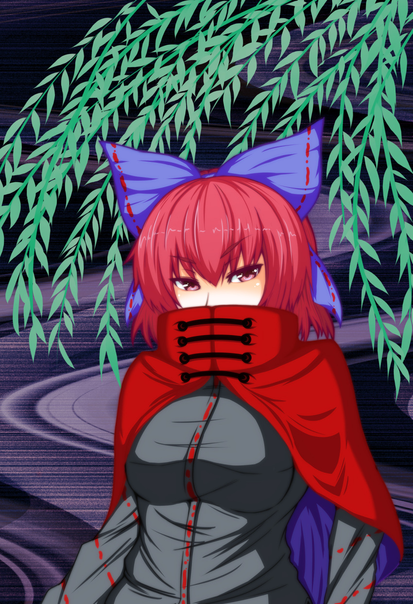 1girl bow breasts bust cape covered_mouth hair_bow high_collar highres large_breasts looking_at_viewer red_eyes redhead sekibanki short_hair solo suirennka_(scar_of_mind) touhou tsurime tunic willow