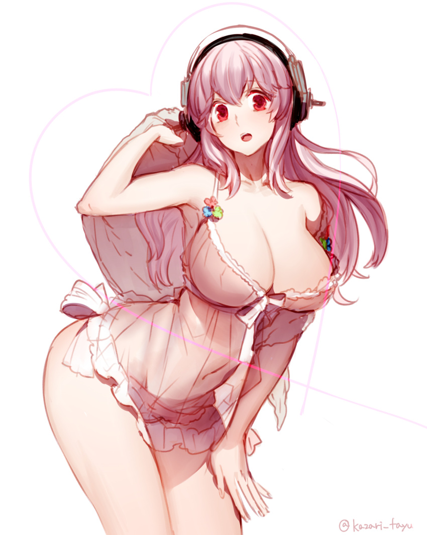 1girl blush breasts cleavage headphones highres kazari_tayu large_breasts long_hair looking_at_viewer navel nitroplus open_mouth panties pink_hair red_eyes rough see-through simple_background solo super_sonico underwear underwear_only white_background