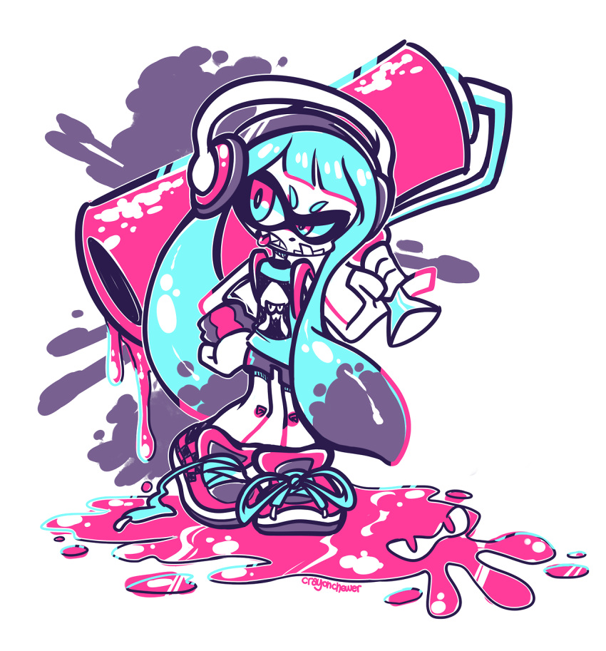 1girl crayon-chewer headphones highres inkling long_hair roller splatoon spot_color tongue twintails