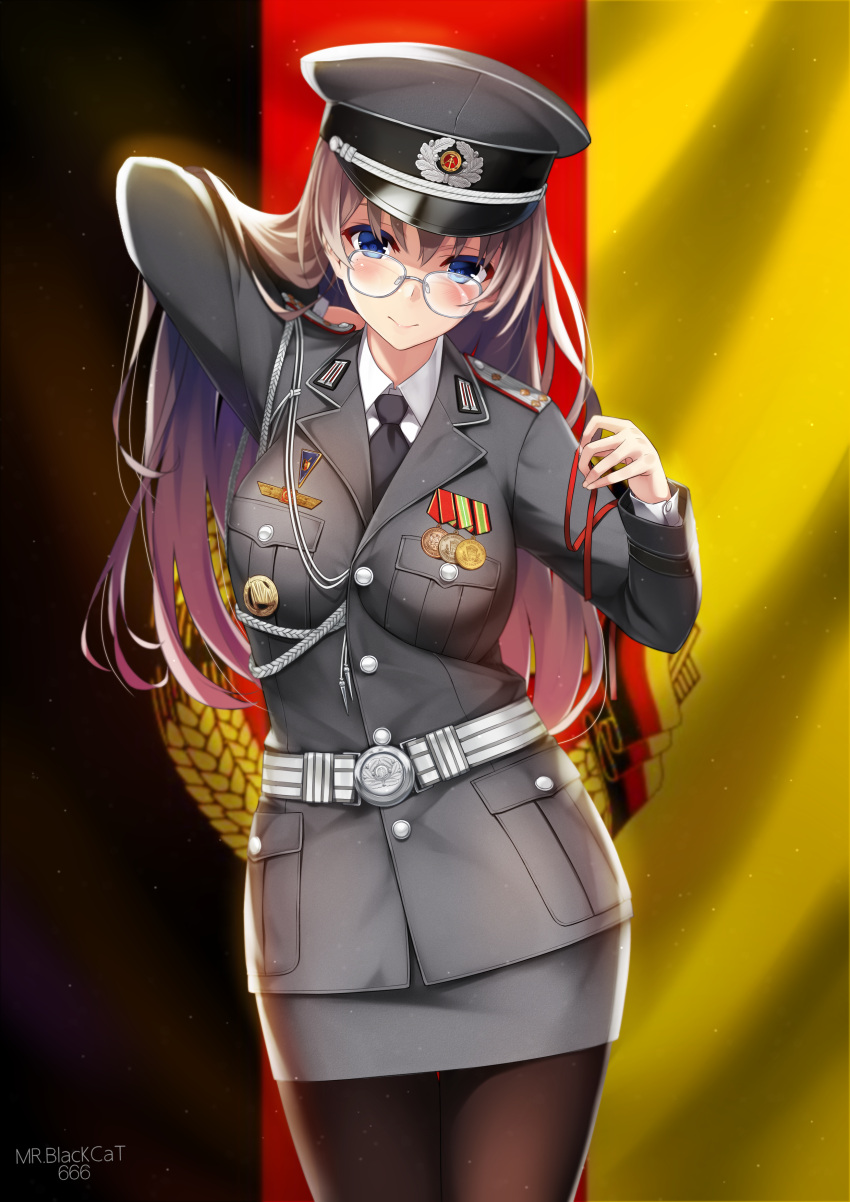 1girl absurdres adjusting_hair arm_up bangs belt black_thighhighs blue_eyes breasts brown_hair coat commentary_request eyebrows_hidden_by_hair german_army glasses hair_between_eyes hair_tie hat highres holding long_hair looking_at_viewer medal military military_hat military_uniform mr.blackcat666 necktie original pantyhose shirt smile solo thigh-highs uniform white_shirt