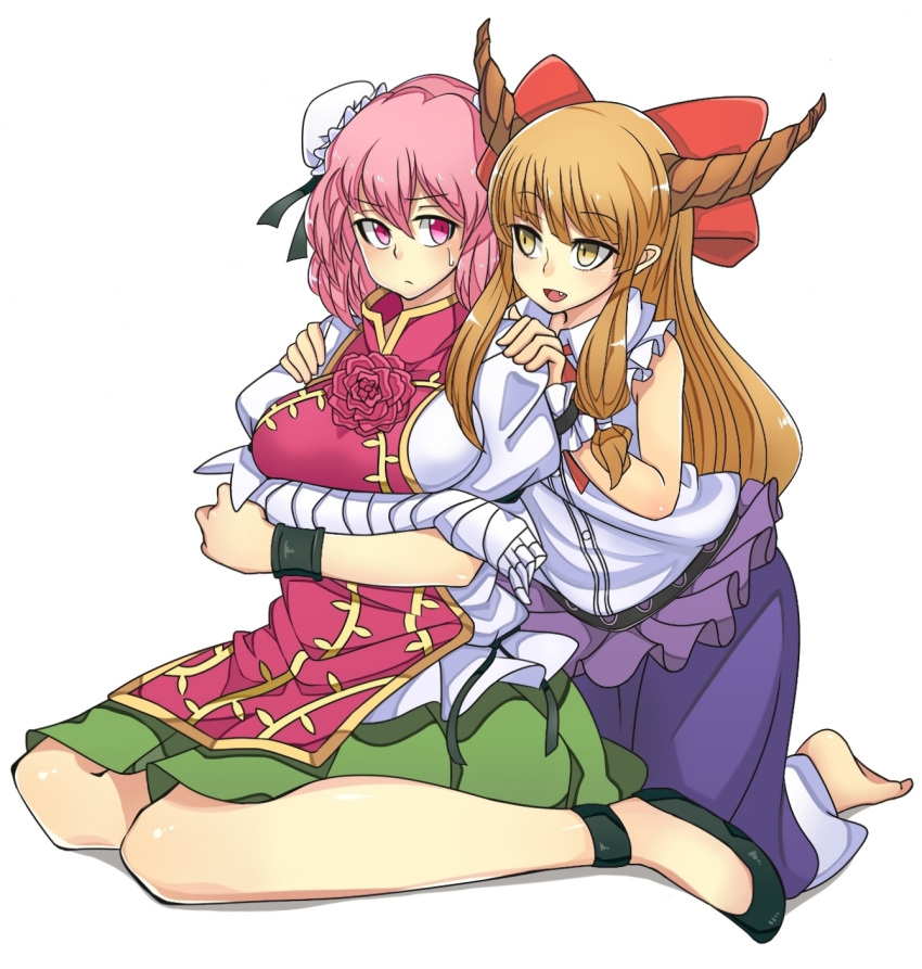 2girls bandaged_arm barefoot breast_hold brown_hair crossed_arms double_bun fang flower green_skirt hands_on_another's_shoulders highres horns ibaraki_kasen ibuki_suika kneeling looking_at_another multiple_girls pink_clothes pink_eyes pink_hair pink_rose puffy_short_sleeves puffy_sleeves purple_skirt rose shoes short_hair short_sleeves skirt skirt_set sleeveless sleeveless_shirt tabard touhou wrist_cuffs yellow_eyes