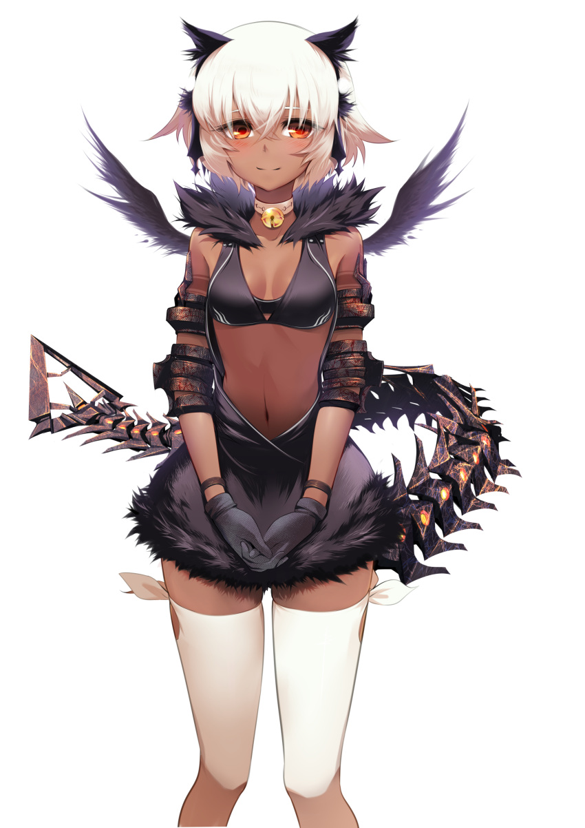 1girl absurdres bell bell_collar bikini_top black_rock_shooter blush collar dark_skin gloves hands_together highres midriff navel petite red_eyes rogia short_hair simple_background smile solo strength_(black_rock_shooter) tail tattoo thigh-highs white_background white_hair white_legwear wings