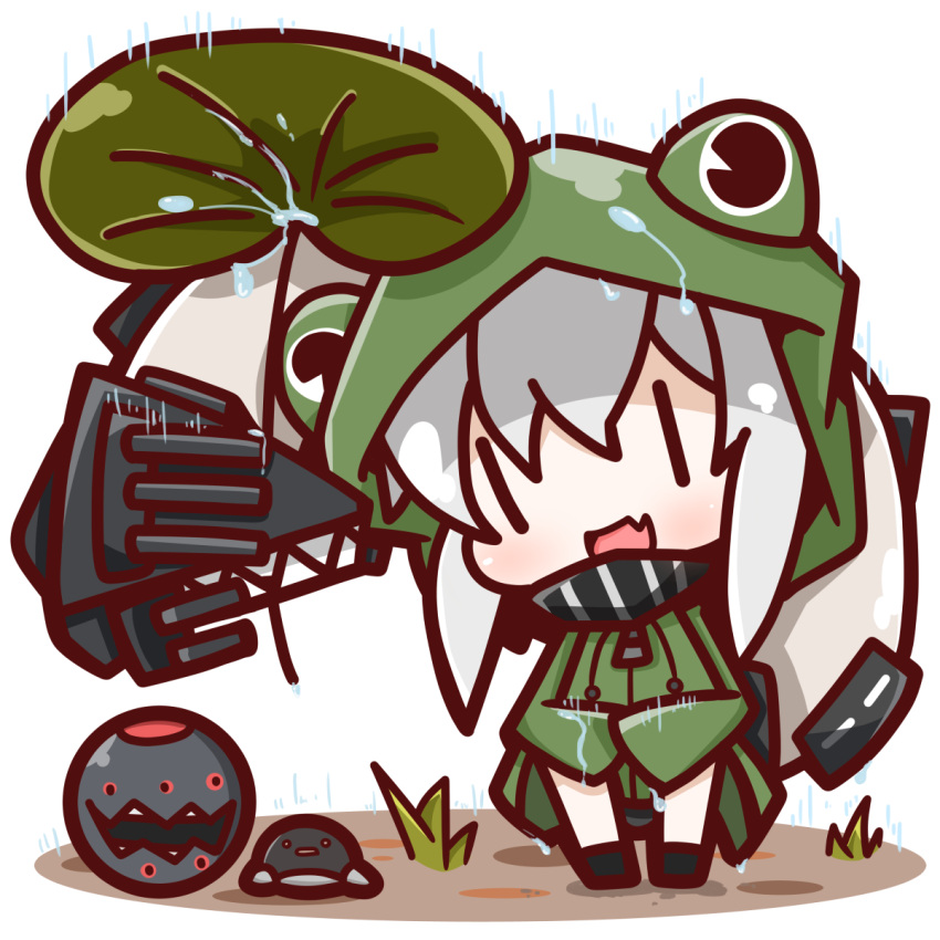 1girl alternate_costume animal_hood biting chibi fang floating_fortress_(kantai_collection) frog_eyes head_tilt highres hood i-class_destroyer kantai_collection leaf_umbrella looking_at_viewer nuu_(nu-nyu) open_mouth rain raincoat re-class_battleship scarf sharp_teeth shinkaisei-kan silver_hair simple_background sitting smile tagme tail water weeds wet white_background |_|