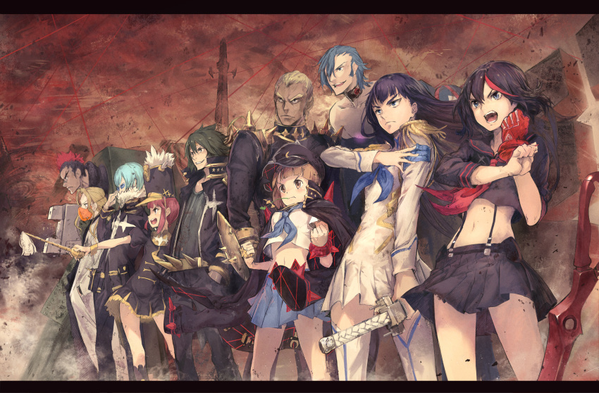 4girls 6+boys banchou baton black_hair blonde_hair blue_eyes blue_hair boots brass_knuckles brown_eyes brown_hair dress earrings epaulettes gamagoori_ira glasses green_hair grin hands_in_pockets hat headband high_collar highres honnouji_gakuen inumuta_houka iori_shirou jacket_on_shoulders jakuzure_nonon jewelry junketsu katana kill_la_kill kinagase_tsumugu kiryuuin_satsuki labcoat letterboxed living_clothes long_hair mankanshoku_mako mask matoi_ryuuko midriff mikisugi_aikurou mohawk multicolored_hair multiple_boys multiple_girls pink_hair redhead revision sanageyama_uzu school_uniform scissor_blade senketsu serafuku shako_cap sheath sheathed short_hair shouin showdown single_glove skirt smile spikes spoilers string suspenders sword thigh-highs tower two-tone_hair weapon