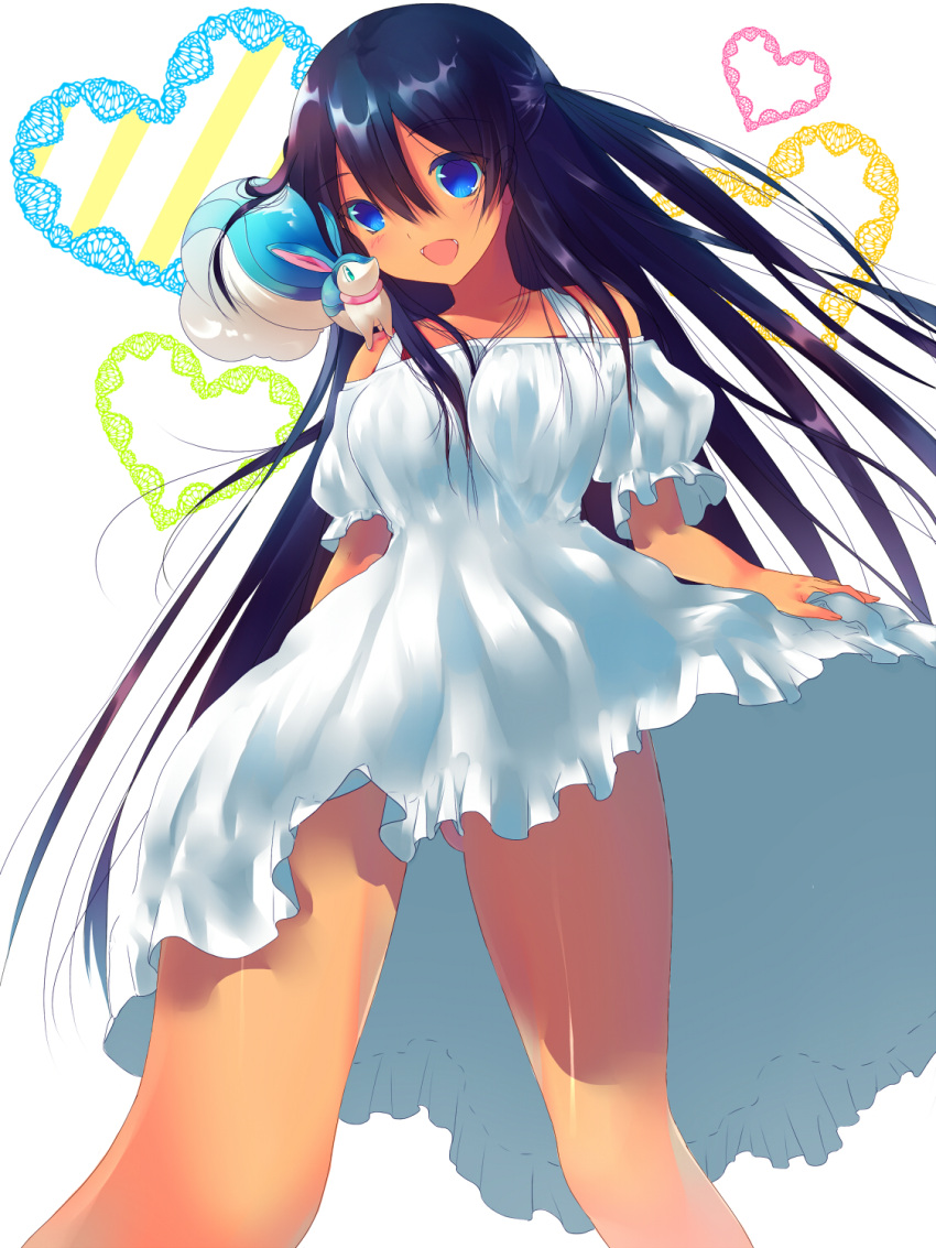 1girl black_hair blue_eyes captain_earth dress heart highres long_hair looking_at_viewer mutou_hana open_mouth solo tmss white_dress