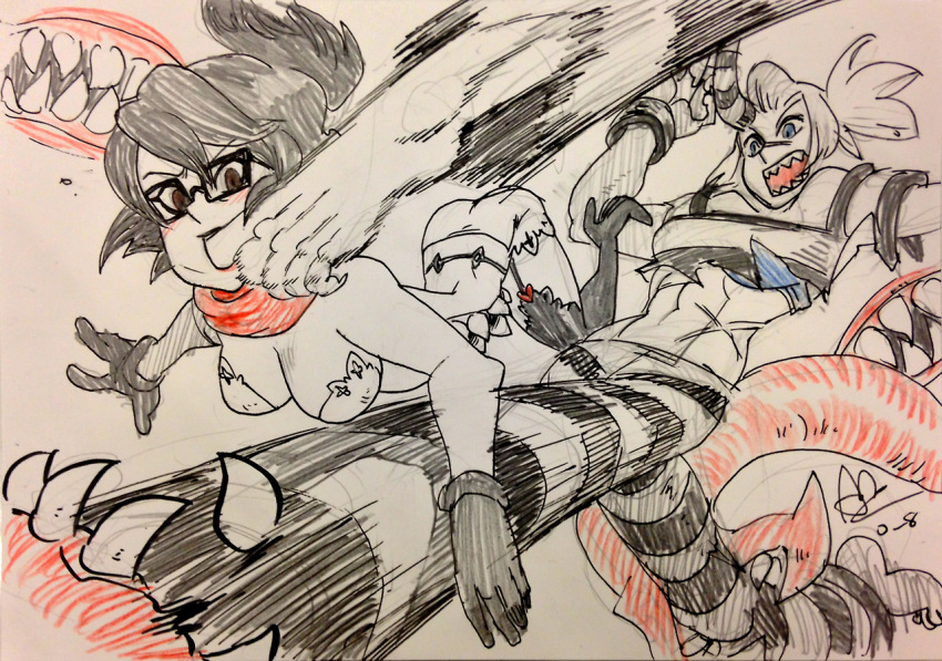 2girls alex_ahad battle blue_eyes boots breasts brown_eyes gap glasses horn in_the_face kicking marker_(medium) multiple_girls ponytail prison_clothes scar scarf scythana skullgirls thigh-highs thigh_boots torn_clothes traditional_media venus_(skullgirls)