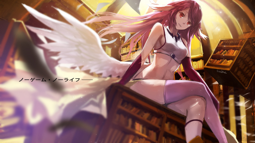 1girl angel_wings blush book bookshelf breasts feathered_wings jibril_(no_game_no_life) library long_hair looking_at_viewer low_wings midriff navel no_game_no_life pink_hair red_eyes rough sitting smile solo swd3e2 white_wings wings