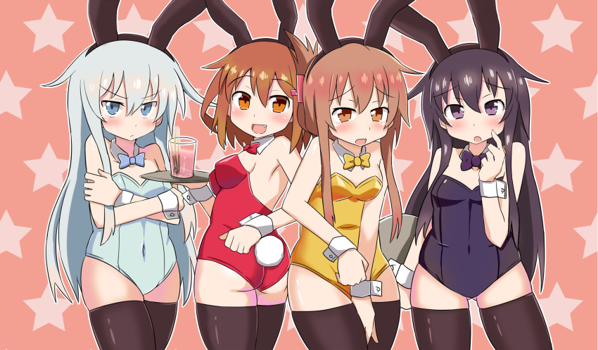 4girls :d akatsuki_(kantai_collection) alternate_costume animal_ears ass black_hair black_legwear blue_eyes blush brown_hair bunny_tail bunnysuit covering covering_crotch detached_collar drink drinking_glass fang flying_sweatdrops folded_ponytail hair_ornament hairclip hibiki_(kantai_collection) highres ikazuchi_(kantai_collection) inazuma_(kantai_collection) kantai_collection looking_at_viewer multiple_girls nana_dust open_mouth rabbit_ears short_hair silver_hair smile tail tears thigh-highs tray violet_eyes wavy_mouth wrist_cuffs