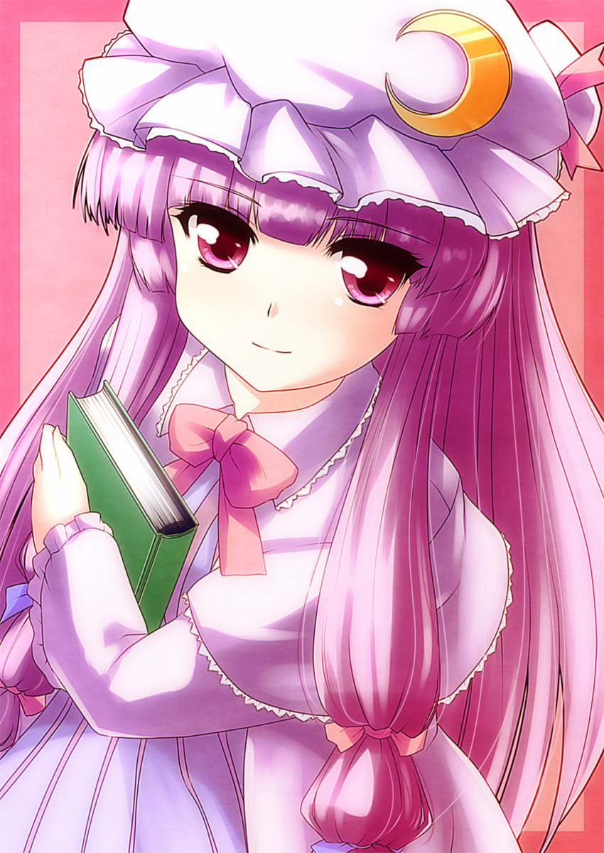 1girl book bow bowtie capelet crescent dress frilled_shirt_collar hair_bow hat hat_ribbon highres holding holding_book long_hair long_sleeves looking_at_viewer mob_cap patchouli_knowledge purple_hair ribbon smile solo striped striped_pajamas tdk touhou violet_eyes
