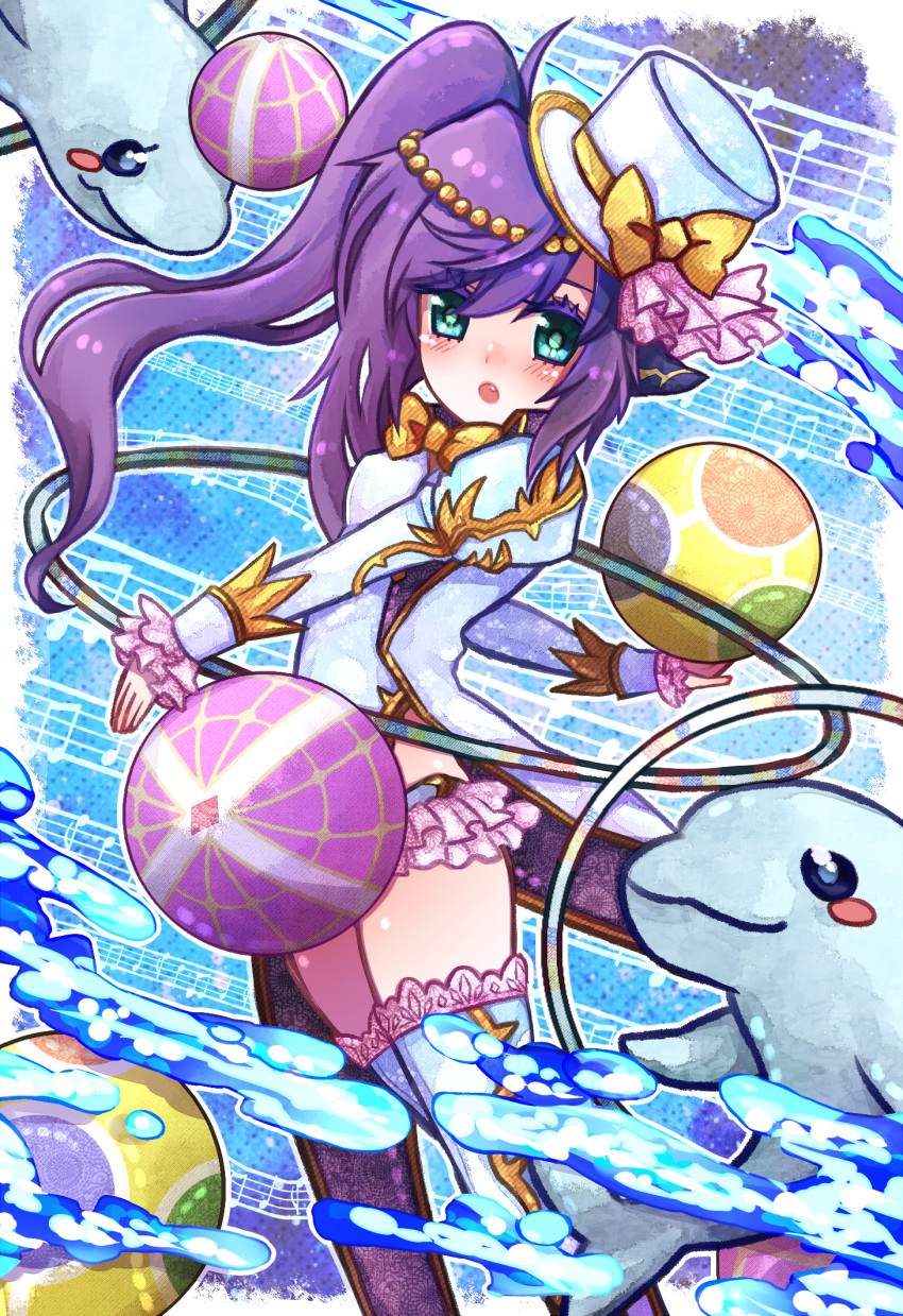 1girl :o animal ball beachball blue_background blue_eyes blush blush_stickers bow coat coattails colored_eyelashes dolphin eyelashes fan frills head_fins highres hoop kirihana lace lace-trimmed_thighhighs leotard long_coat long_hair long_sleeves musical_note open_mouth ponytail puffy_long_sleeves puffy_sleeves purple_hair puzzle_&amp;_dragons ruka_(p&amp;d) solo staff_(music) thigh-highs water white_clothes white_hat white_legwear yellow_bow zettai_ryouiki