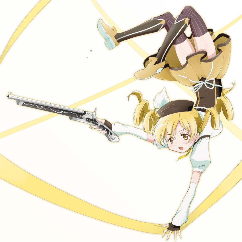 1girl blonde_hair detached_sleeves drill_hair fingerless_gloves gloves gun handstand hat highres kinfuji long_hair magical_girl mahou_shoujo_madoka_magica puffy_sleeves rifle thigh-highs tomoe_mami twin_drills twintails upside-down weapon yellow_eyes