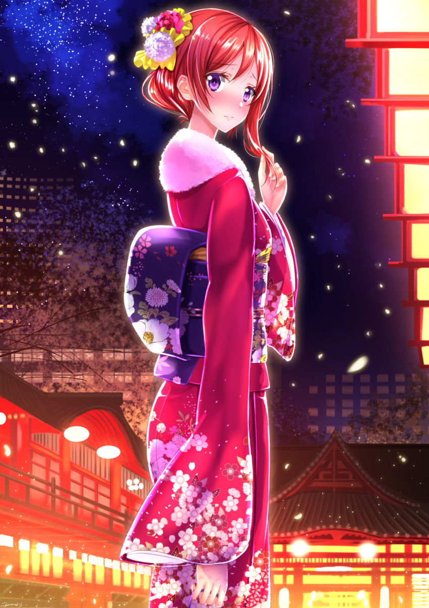 1girl alternate_costume architecture blush cherry_blossoms east_asian_architecture embarrassed flower from_behind hair_flower hair_ornament hair_up highres japanese_clothes kimono love_live!_school_idol_project night night_sky nishikino_maki playing_with_own_hair redhead short_hair sky solo standing swordsouls violet_eyes