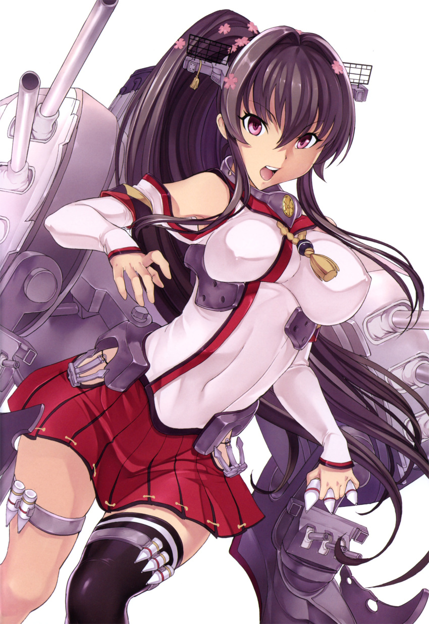 1girl absurdres black_hair breasts hair_ornament hakaba_(dairiseki) highres kantai_collection long_hair looking_at_viewer open_mouth personification ponytail single_thighhigh skirt solo thigh-highs very_long_hair violet_eyes yamato_(kantai_collection)