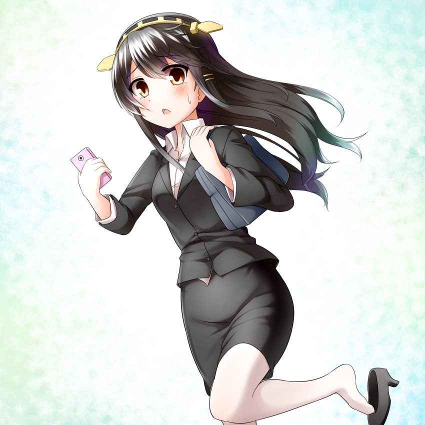 1girl alternate_costume black_hair cellphone faubynet formal hair_ornament hairband hairclip haruna_(kantai_collection) highres kantai_collection long_hair office_lady pencil_skirt personification phone revision shoe_dangle skirt skirt_suit smartphone solo suit