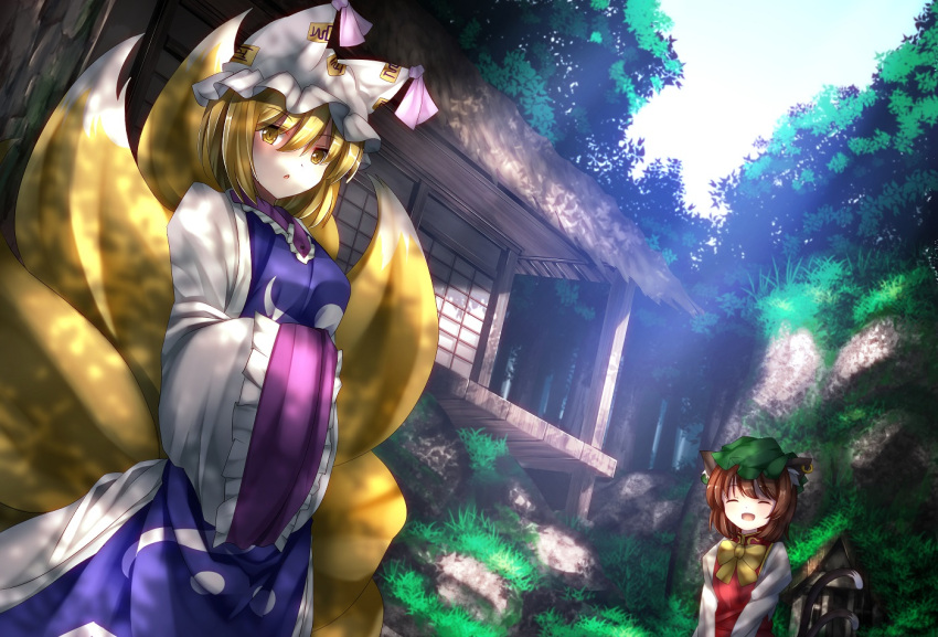 2girls animal_ears architecture blonde_hair bow brown_hair cat_ears cat_tail chen closed_eyes dappled_sunlight dress dutch_angle east_asian_architecture forest fox_tail grass hands_in_sleeves hat hat_ribbon hat_with_ears hokora_(shrine) jewelry looking_at_viewer minamina mob_cap multiple_girls multiple_tails nature open_mouth outdoors ribbon rock short_hair single_earring sliding_doors tabard tail touhou triangle_mouth v_arms veranda yakumo_ran yellow_eyes